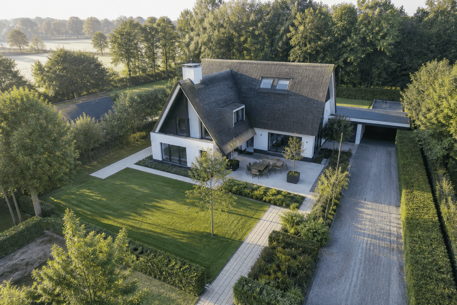 Luchtfoto van een moderne villa met tuin, typisch voor makelaarsfotografie