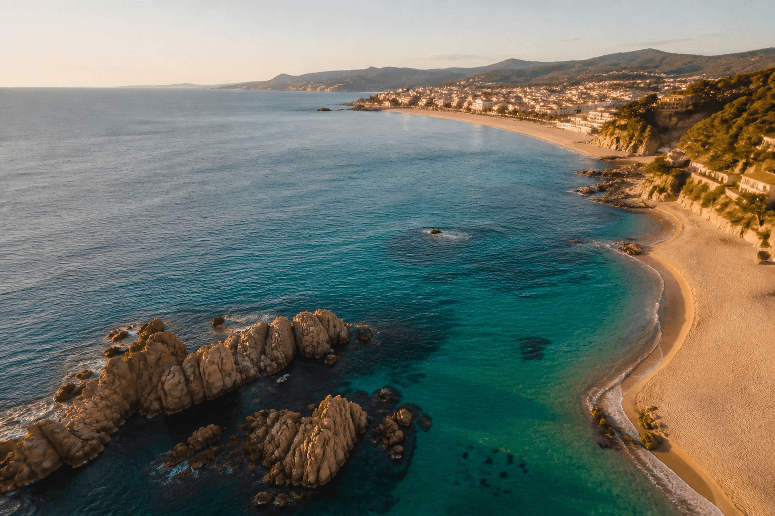 Luchtfoto van een zonnige kustlijn, zoals je die met een drone maakt op vakantie